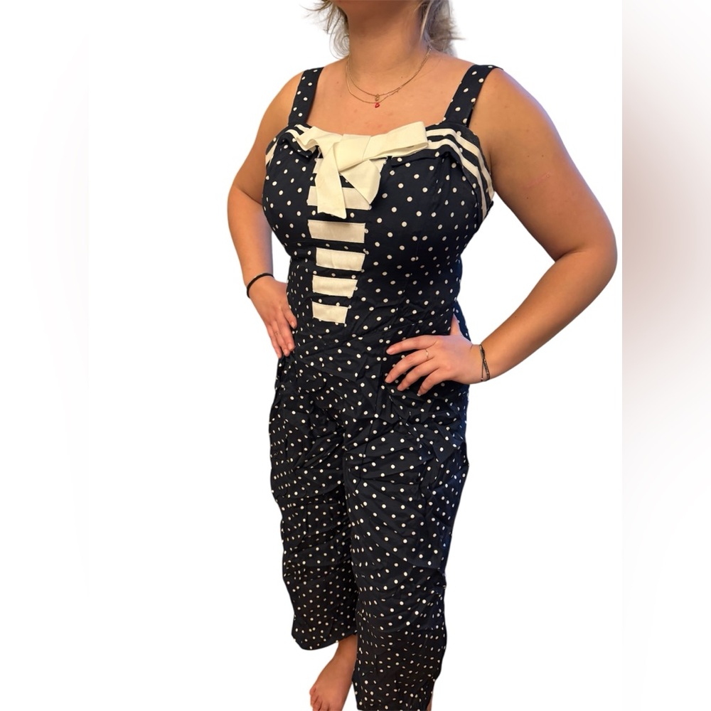 Vintage nautical navy polka dot pants romper